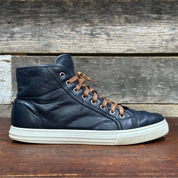 GUCCI Men’s Microsoft Blue Leather High-Top Sneakers White Laces US sz 8 - Picture 6 of 13